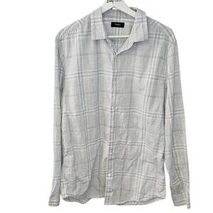 Theory Mens Murray Long Sleeve Button Up Shirt, Dada Plaid, Cotton, Size Large